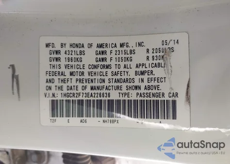 2014 Honda Accord Ex from USA, damaged, VIN 1HGCR2F73EA226636